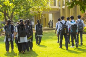 image shows that a group of students going to college